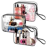 3 Stück Kulturbeutel Transparent, Flugzeug PVC wasserdichte Reisekulturbeutel, Handgepäck-Reisezubehör, Durchsichtige Cosmetic Bag Tasche FüR MäNner, Frauen, Kinder, Familie (Schwarz mit Griff)