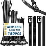 Caianwin 150 Stück Kabelbinder Wiederverschließbar 150/200/300mm x 7,2 mm, Zugfestigkeit Bis Zu 22kg, Nylon Kabelbinder Schwarz für Industrie, Gartenbau, Kabelindustrie