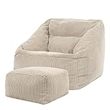 Icon Riesen Sitzsack Sessel „Morgan“ mit Hocker, Beige, Cord XXL Sitzsack Erwachsene mit Füllung für das Wohnzimmer, Riesensitzsack XXL Flauschig Cord, Made in Germany