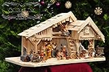 BTV Krippe Premium Weihnachtskrippe,Ölbaum KS70na-MF-SKR- XXL Holz-Weihnachtskrippe, mit GRANITBRUNNEN Wassergrand + Premium-DEKOSET Krippenstall, Massivholz Natur gebrannt - mit 12 x Premium-