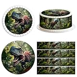 Tortenaufleger Dino,1 Stück Essbar Tortendeko Ø 20 cm+4 Stück Tortenband Essbare 24cm x 5cm,Tortendeko Dinosaurier Essbarer,Tortenaufleger Dinosaurier,Kuchen Dekoration für Geburtstag