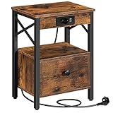 HOOBRO Nachttisch mit Ladestation, Beistelltisch mit Klappschublade, Nachtschrank mit USB-Anschlüsse und Steckdose, Nachtkommode für Schlafzimmer, Vintagebraun-Schwarz EBF128CBZ01G1