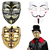 3 Stück V wie Vendetta Maske, Anonymous Maske, Game Master Maske, Hacker Masken, Halloween Maske, Kostüm Cosplay Party, Erwachsene Kinder Unisex Halloween Fancy Carnival Masken(gold, weiß, schwarz)