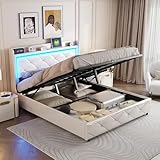 Mokylor Polsterbett, hydraulischer Doppelbettrahmen mit Stauraum unter dem Bett, LED-Gästebett mit handgetuftetem Diamantmuster, gepolstert aus PU (160 x 200 cm)