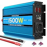 1500W Wechselrichter 12V auf 230V Reiner Sinus Spannungswandler mit LED-Anzeige,EU AC Steckdosen,2 USB Anschlüsse, Pure Sine Wave Power Inverter Konverter für Auto, Wohnwagen, Boot, Camping