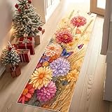 Jijliczc Blumen Anlage Schmetterling Teppich Läufer 60x120 cm Blumenmuster Pflanzendrucke Carpet rutschfest Waschbar Bettumrandung Schlafzimmer, Teppichläufer für Küche, Flur, Eingangsbereich