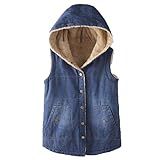 SXHEYUY Frauen Jeansweste mit Kapuze Mantel Fleece Warmer Wintermantel Jeans Ärmellose Jacke,Blau,S