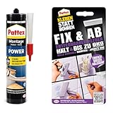 Pattex Set Montagekleber Power 370 g, Baukleber mit starker Anfangshaftung, max. 150 kg/m² und Kleben statt Bohren Fix & Ab 44 g, Kraftkleber hält bis zu 6 kg, ablösbarer Wandkleber