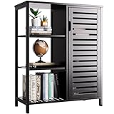 HITNET Badezimmer-Aufbewahrungsschrank, Unterschränke Beistellschrank mit 3 Offenen Fächern und 1 Lamellentüren, Platzsparende Freistehender Bambusmöbel, Schwarz