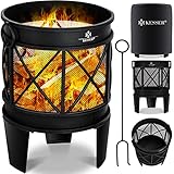 KESSER® Feuerschale Inkl. Abdeckung Feuerkorb mit Funkenschutz & Griffen + Schürhaken Feuerstelle 58 x 45 cm für Garten & Terrasse Metall Antik-Rost-Optik Multifunktional Fire Pit Heizung BBQ schwarz