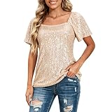 Glitzernde Oberteile für Damen UK – glitzernde, schulterfreie Träger, Tunika, Tops, Pailletten, langärmelig, Rundhalsausschnitt, übergroßer Saum, unregelmäßige T-Shirts, Übergröße, Bluse, Party, Club