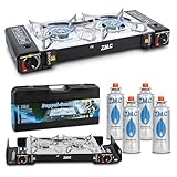 ZMC Camping Gaskocher 2-flammig inkl. Adapter für LPG Anschluss + 4 Gaskartuschen 227g + Aufbewahrungskoffer, Wärmeleistung: 2,5KW, Campingkocher mit Piezozündung für Outdoor und Innenraum