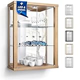 K-Möbel Wandvitrine (80x60x25cm) - Made in Germany - Glasvitrine hängend mit 2 höhenverstellbaren Glasböden aus ESG, Spiegel & LED in Buche - Schrank mit Glastüren - Hängevitrine Glas