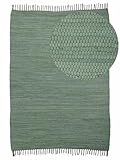 carpetfine Flickenteppich Kelim Chindi Uni Grün 60x90 cm, handgewebt | Fleckerlteppich aus Baumwolle für Wohnzimmermit Fransen