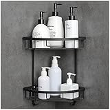 GRICOL Eck-Duschregal, ohne Bohren, Metall, zur Aufbewahrung von Badezimmer, selbstklebend, zur Aufbewahrung von Dusche, rostfrei, mit 2 Haken, für Badezimmer, 2 Ebenen, Schwarz