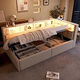 ZIDEY Polsterbett Schlafsofa 90 × 200 mit Staufächer, LED, USB, Tagesbett mit Hydraulischem Stauraum, Daybett, Einzelbett, Funktionsbett Stauraumbett Gästebett Jugendbett, ohne Matratze, Beige