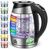 ForMe Glas Wasserkocher 1,8 Temperatureinstellung Temperaturwahl 40°C-100°C Farbwechsel LED I BPA FREI I Temperatur Einstellbar Teekocher mit Teesieb Teekessel Glaswasserkocher Warmhaltefunktion