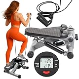 PORTENTUM Mini Stepper für Zuhause mit Widerstandsbändern und LCD-Display 5 Funktionen — Stairmaster 3-in-1 für Beine und Arme — Intensität einstellbar — Treppensteiger Fitnessgerät kompakt verstaubar