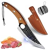 Newness Küchenmesser, Kochmesser mit Messertasche Lederhülle & Messerschärfer, Scharfe Hackmesser mit Fingerloch Holzgriff, Outdoor Messer Ausbeinmesser und Leischmesser Perfekt zum Camping, Grill