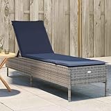 Qnhdfrt Sonnenliege Grau Poly Rattan 198 x 55 x 97 cm 5-Fach verstellbare Rückenlehne UV-beständige Gartenliege mit marineblauem gepolstertem Kissen für Balkon Garten und Camping