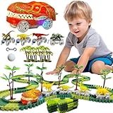 YOUYIKE Dinosaurier Spielzeug Autorennbahn, 195 Stück DIY Flexible Rennbahn Bausteine Set & Leuchtend Dino Cars für Spielzeug ab 3 4 5 6 7 8 9 10 Jahre Geburtstag Party Geschenk
