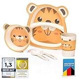 all Kids United® Kindergeschirr-Set aus Kunststoff; 5-teiliges Mehrweg Geschirr-Set mit Tier-Motive; Becher, Schüssel, Teller, Löffel & Gabel für Kinder (Tiger)