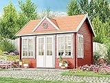 Alpholz Gartenhaus Clockhouse-28 aus Massiv-Holz | Gerätehaus mit 28 mm Wandstärke | Garten Holzhaus inklusive Montagematerial | Geräteschuppen Größe: 420 x 320 cm | Satteldach Natur