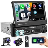 Hikity 1 Din Autoradio Bluetooth mit CarPlay und Android Auto, 7 Zoll Manuelle Ausfahrbarem Display, Touchscreen Autoradio mit Rückfahrkamera BT FM USB TF AUX Mirror Link für Android/iOS