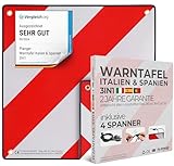 PLANGER® - Warntafel Italien und Spanien u Portugal 3in1 (50 x 50 cm) (Schild + Gepäckspanner) - Reflektierendes Warnschild rot weiß für Heckträger u Fahrradträger