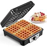 Reemix Waffeleisen für 4 belgische Waffeln, 1200 W Waffel Elektrisch mit Antihaftbeschichtete Platten, Einstellbare Temperatur und Leichte Reinigung, Edelstahl, Farbe: Silber/Schwarz