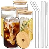 ALINK Trinkgläser mit Deckel und Strohhalm,Cocktailgläser Eiskaffee Gläser 560ml,Iced Coffee Glas,Glasbecher mit Deckel und Strohhalm ideal für Smoothie,Latte,Macchiato,Whiskey,Geschenk (4Pack)