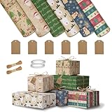 6 Rollen Geschenkpapier Weihnachten, 43 cm x 3 m Weihnachtsgeschenkpapier, Geschenkpapier Weihnachten Rolle Set, Geschenkpapiermit Kraftpapierschnur, Doppelseitigem Klebeband und Papieranhängern