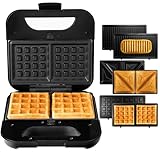 LEHMANN Sandwichmaker 3 in 1, Multifunktionsgerät mit austauschbaren Platten - Waffeleisen, Kontaktgrill, Sandwichtoaster, Antihaftbeschichtete, Schnelle Zubereitung für Sandwiches, Waffeln, Paninis