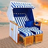 BRAST® Strandkorb Norderney Deluxe für 2 Personen | 120cm breit | 4 Designs | inkl. wetterfeste Abdeckhaube | verstellbare Rückenlehne Fußkissen | Blau/Weiß - gestreift