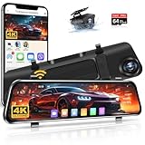 【WiFi】4K Rückfahrkamera Spiegel 12 Zoll Spiegel Dashcam mit Rückfahrkamera mit 64G-Karte Dashcam Auto Vorne Hinten 170° Weitwinkel Auto Kamera mit WDR Nachtsicht G-Sensor für DC12-24V Auto SUV Pickup