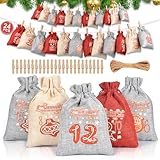 24 Stk Adventskalender zum Befüllen Stoff Adventstüten 14 x 10 cm Gedruckte Stoffbeutel Kinder Weihnachtskalender Groß Adventstüten Säckchen Adventskalender 2025 Kinder