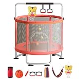 60″/150 cm Kindertrampolin mit Sicherheitsnetz, Basketballkorb, Schaukel & Spielzubehör – verstellbare Stange, belastbar bis 200 kg