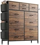 Buluri Kommode mit 12 Stoffschubladen, Komodenschrank mit Seitentaschen und Haken, Holzplatte und Metallrahmen, Stoffkommode für Schlafzimmer, Wohnzimmer, Flur, Kinderzimmer (Rustikales Braun)