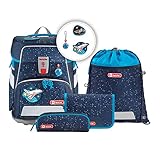 Step by Step Schulranzen-Set Space „Sky Rocket Rico“ 5-teilig, blau-schwarz, Weltraum-Design, ergonomischer Tornister mit Reflektoren, höhenverstellbar mit Hüftgurt für Jungen 1. Klasse, 20L