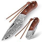 DRACHENADER Damast-Taschenmesser – 67 Lagen VG10 Damaststahl, handgeschmiedet, §42a-konformes Zweihandmesser mit Liner Lock und Holzgriff, EDC-Klappmesser für Camping, Survival