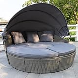 Enjoy Fit Poly Rattan Sonneninsel mit faltbarem Sonnendach Ø 180 cm inkl. Auflagen Kissen Abdeckung Lounge Sonnenliege Gartenmuschel mit Regencover/Farbe: Grau