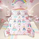 Erosebridal Kinder-Bettwäsche-Set mit rosa Prinzessinnen-Bettwäsche-Set mit Laken 'Dreamy Fairy Tales Castle', 7-teiliges Bettwäsche-Set mit Cartoon-Regenbogen-Bett in einer Tasche für Teenager