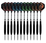 KOHMUI Dartpfeile, 12 Stück Steel Darts Pfeile Set, 23 Gramm Profi Steeldarts mit Metallspitze, Schwarz Rutschfeste Eisenfass, Aluminium Schaft, 40 Flights, 24 Anti-lose Gummiringe, Dartpfeil Spitzer