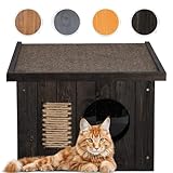 SPRINGOS Katzenhaus aus Holz Outdoor Katzenhütte 49,5 x 58 x 36 cm Holzhaus Katzenhaus Outdoor Katzenkratzer Tür mit Lamellen Flachdach Wetterfest Isolierte Wände Winterfest Isoliert