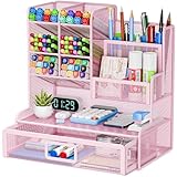 Restorgan Netz Schreibtisch Organizer,12 Fächer Mesh Stifthalter mit Schublade, Stiftehalter, Stiftebox, Multifunktionaler Schreibtisch Organizer für Heimbürobedarf(Rosa)