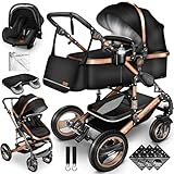 KIDUKU® 3 in 1 Kinderwagen XXL Komplettset | Kombikinderwagen Set inkl. Babywanne Buggy Sportsitz & Auto-Babyschale Fußsack | Vollgummireifen Wickeltasche Handwärmer Tragekorb Regenschutz Kindertisch