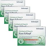 Tetesept Eukalyptusöl Kapseln Nase und Kopf, bei erkältungsbedingten Beschwerden der Atemwege - bei verstopfter Nase und Verschleimung - mit dem Wirkstoff Eukalyptusöl, 5er Pack (5x 20 Stück)