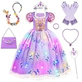 MerryXGift Prinzessin Kleid Mädchen, Lila Prinzessin Kostüm Mädchen mit Krone, Zauberstab, Haarband für 3-10 Jahre Kinder, Faschingskostüme Kinder für Karneval, Halloween, Geburtstag, Hochzeit