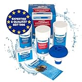 PoolsBest Pool Starter Set 5 in 1 I Pool-Reinigungsset komplett zur Wasserpflege I Pool Zubehör Set für Einsteiger I Mini-Multitabs, Dosierschwimmer, Pooltester, pH-Senker, Chlorgranulat & Anleitung