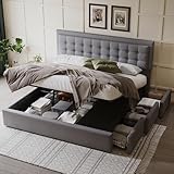 Gegtuon Polsterbett Doppelbett 180x200, Bett mit Hydraulisch Stauraum & Schubladen, Stauraumbett Funktionsbett Bettgestell mit Kopfteil, Jugendbett mit Lattenrost aus Holz, ohne Matratze, Leinen, Grau
